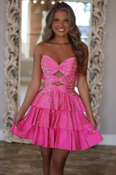 Sparkly A-Line Beaded Tiered Mini Hoco Dress with Cutout Bodice and Lace-Up Back