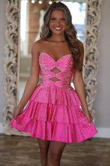 Sparkly A-Line Beaded Tiered Mini Hoco Dress with Cutout Bodice and Lace-Up Back