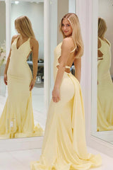 Charming Mermaid Deep V Neck Yellow Long Prom Dress with Backless