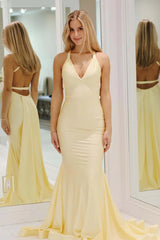 Charming Mermaid Deep V Neck Yellow Long Prom Dress with Backless