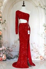 Stylish Mermaid One Shoulder Red Sequins Long Prom Dress with Keyhole