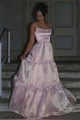 Princess A Line Spaghetti Straps Pink Long Prom Dress with Lace Ruffles