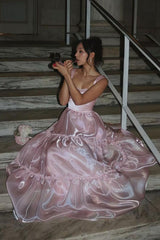 Princess A Line Spaghetti Straps Pink Long Prom Dress with Lace Ruffles