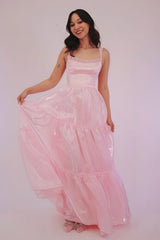 Princess A Line Spaghetti Straps Pink Long Prom Dress with Lace Ruffles
