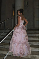 Princess A Line Spaghetti Straps Pink Long Prom Dress with Lace Ruffles