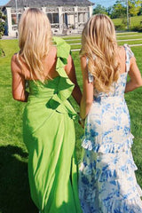 Beautiful A Line Sweetheart Blue Printed Long Prom Dress with Ruffles