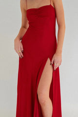 Trendy Sheath Spaghetti Straps Red Long Party Dress with Split Front