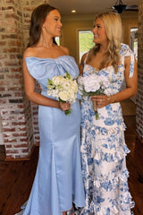 Beautiful A Line Sweetheart Blue Printed Long Prom Dress with Ruffles