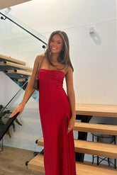 Trendy Sheath Spaghetti Straps Red Long Party Dress with Split Front