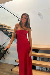 Trendy Sheath Spaghetti Straps Red Long Party Dress with Split Front