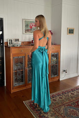 Chic Sheath Halter Neck Yellow Long Party Dress with Backless Bowknot