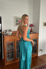 Chic Sheath Halter Neck Yellow Long Party Dress with Backless Bowknot