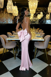 Stylish Mermaid Spaghetti Straps Pink Long Prom Dress with Bowknot