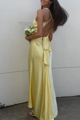 Chic Sheath Halter Neck Yellow Long Party Dress with Backless Bowknot