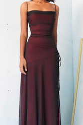 Simple Sheath Spaghetti Straps Burgundy Long Prom Dress with Split Front