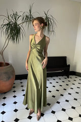 Chic Sheath Halter Neck Yellow Long Party Dress with Backless Bowknot