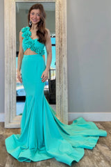 3D Floral Aqua Mermaid One Shoulder Cutout Waist Prom Dress