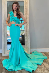 3D Floral Aqua Mermaid One Shoulder Cutout Waist Prom Dress