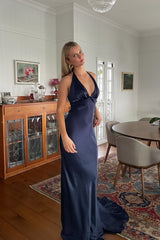 Chic Sheath Halter Neck Yellow Long Party Dress with Backless Bowknot