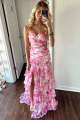 Chic Mermaid Sweetheart Pink Floral Printed Long Prom Dress with Ruffles