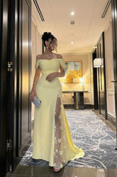 Trendy Mermaid Off the Shoulder Yellow Long Party Dress with Lace Split Front