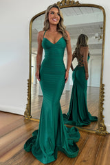 Stylish Mermaid Spaghetti Straps Green Long Satin Prom Dress with Lace Up
