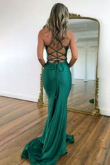 Stylish Mermaid Spaghetti Straps Green Long Satin Prom Dress with Lace Up
