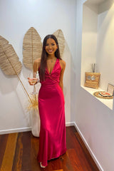 Chic Sheath Halter Neck Yellow Long Party Dress with Backless Bowknot