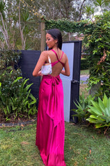 Chic Sheath Halter Neck Yellow Long Party Dress with Backless Bowknot