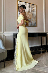 Trendy Mermaid Off the Shoulder Yellow Long Party Dress with Lace Split Front