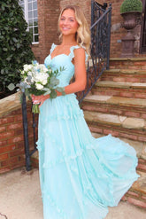 Trenidng A Line Sweetheart Blue Long Prom Dress with Ruffles
