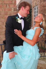 Trenidng A Line Sweetheart Blue Long Prom Dress with Ruffles