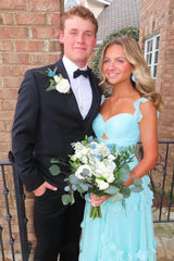 Trenidng A Line Sweetheart Blue Long Prom Dress with Ruffles