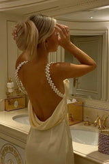 Gorgeous Sheath Spaghetti Straps Yellow Long Party Dress with Pearl Backless