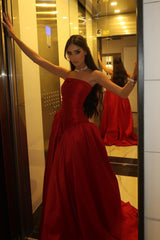 Beauty A Line Strapless Red Satin Long Prom Dress with Ruched