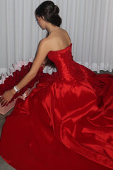 Beauty A Line Strapless Red Satin Long Prom Dress with Ruched
