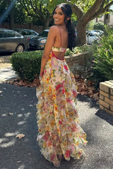 Chic A Line Spaghetti Straps Blue Floral Printed Long Party Dress