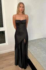 Trendy Sheath Spaghetti Straps Red Long Party Dress with Split Front