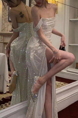 Luxurious Mermaid Off the Shoulder Silver Sequins Long Party Dress with Split Front