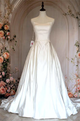 A-Line Strapless Lace Up Back Chapel Train White Satin Wedding Dress