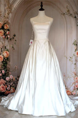 A-Line Strapless Lace Up Back Chapel Train White Satin Wedding Dress