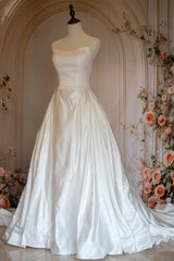 A-Line Strapless Lace Up Back Chapel Train White Satin Wedding Dress