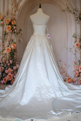 A-Line Strapless Lace Up Back Chapel Train White Satin Wedding Dress
