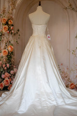 A-Line Strapless Lace Up Back Chapel Train White Satin Wedding Dress