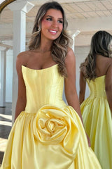 Luxury Strapless Corset Prom Gown with High Slit Skirt and Rosette Accent