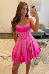 A-Line Strapless Short Beaded Lace Up Homecoming Dress with Ruffle Hem