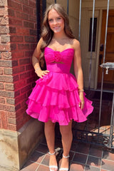 Adorable A-Line Strapless Short Layered Chiffon Homecoming Dress with 3D Flower