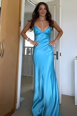 Aqua Blue Spaghetti Strap Long Satin Prom Dress with Lace Bodice