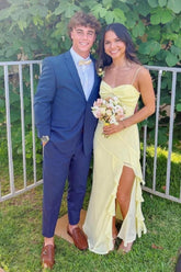 Beautiful A Line Spaghetti Straps Yellow Long Prom Dress with Split Front