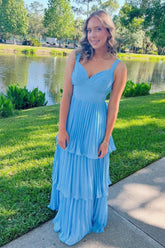 Beautiful A Line Sweetheart Blue Long Prom Dress with Ruffles